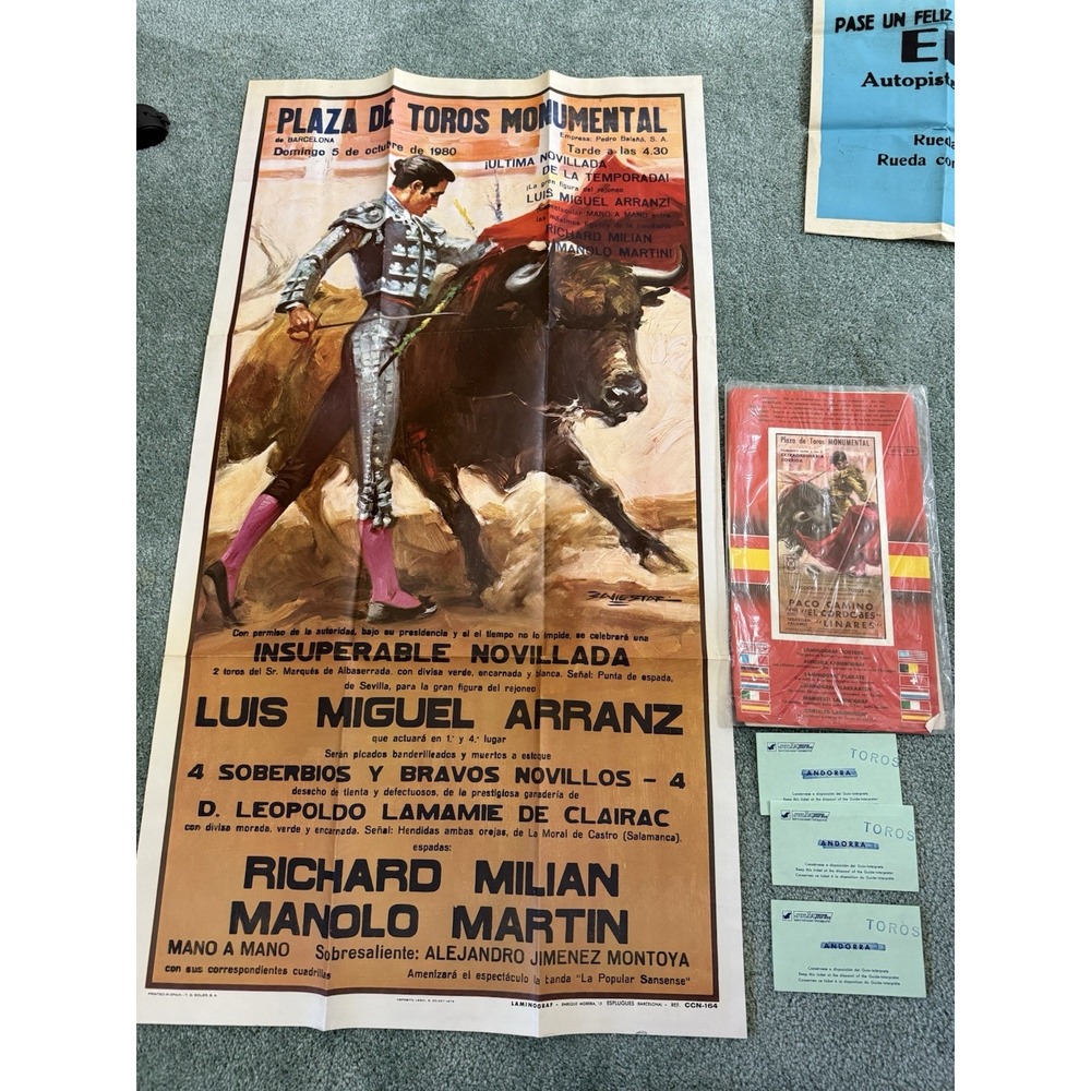 Spanish Bullfight Poster Plaza de Toros Monumental 1908 Barcelona Spain & Ticket